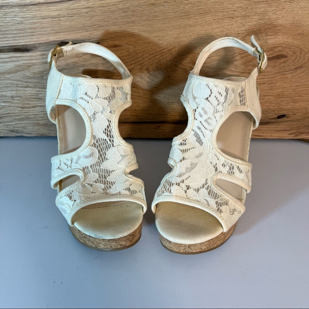 Fergie Canvas Lace Side Cut Out Platform Wedges Size 6.5 M